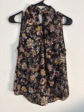 Status by Chenault Floral Blouse Womens Small Black Sleeveless High Neck Halter